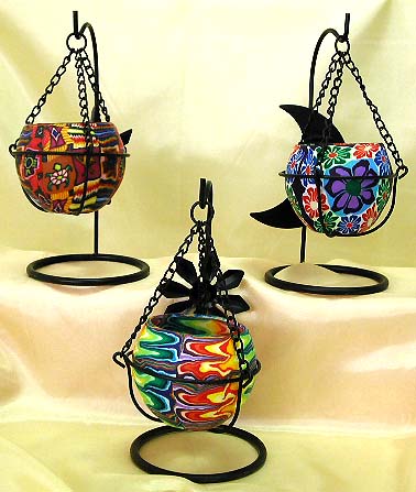 Assorted color and pattern design suspended style rounded fimo candle holder. Cool, neat, eyes-catching!