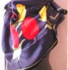 Dark blue large square polyester scarf with red yellow flower decor