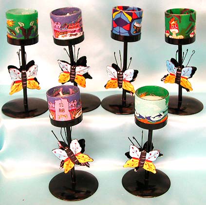 Butterfly pattern assorted color and design fimo iron candle holder, gift idea for a new home. Your home will become a most popular place for your friends and family membes to visit by decrating it with one of our quality fashion candle holders!